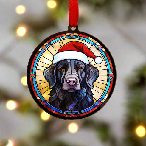 Flat Coated Retriever in Santa Hat Suncatcher Decoration